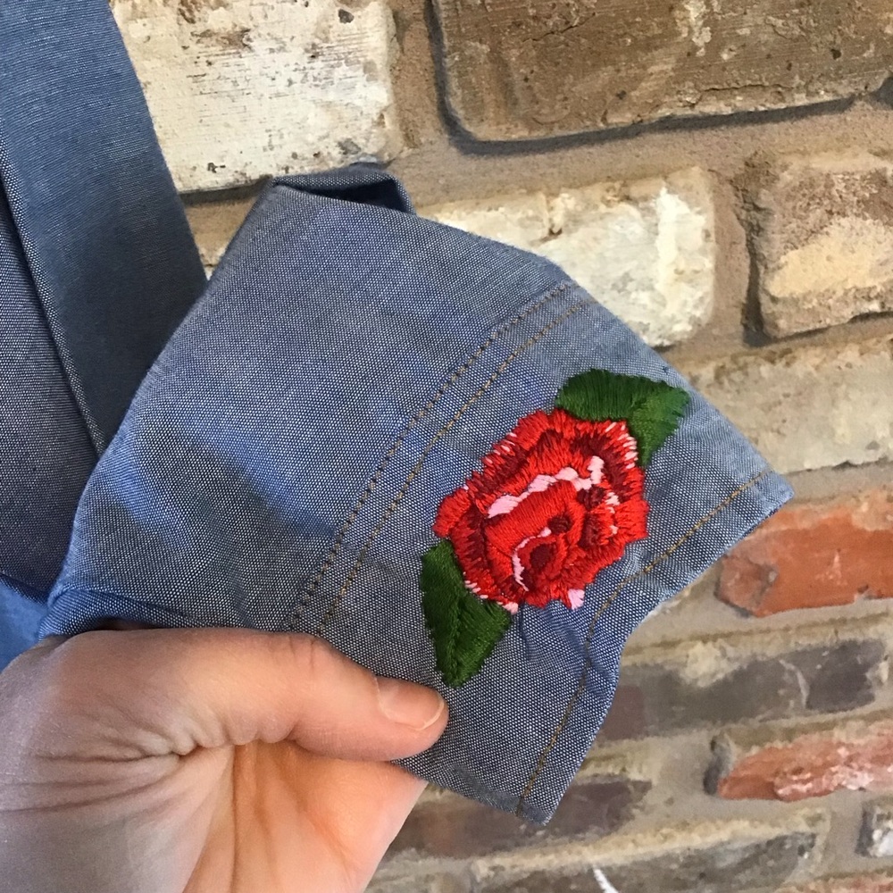 LEVI'S VTG 70's Chambray Blue Embroidered Rose Long Sleeve Orange Tab Shirt XL - Picture 6 of 7